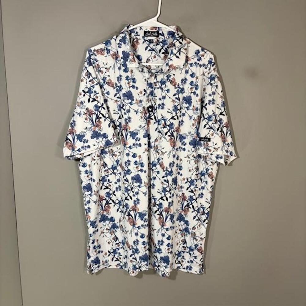 Bad Birdie Polo Shirt Mens 2XL White Allover Floral Print Golf Stretch Top